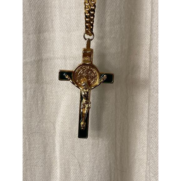 Gold tone St. Benedict Crucifix Pendant Necklace on Heavy Gold tone box chain. - Picture 5 of 16